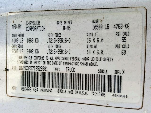 1B7MC3657TS529581 - 1996 DODGE RAM 3500 WHITE photo 10