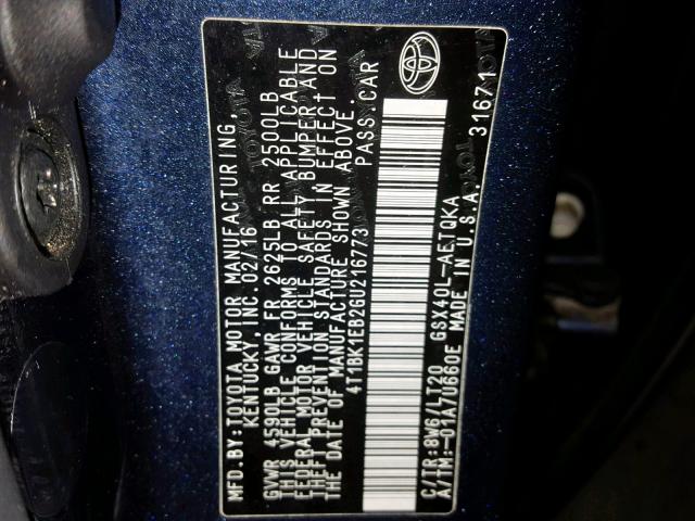 4T1BK1EB2GU216773 - 2016 TOYOTA AVALON XLE BLUE photo 10