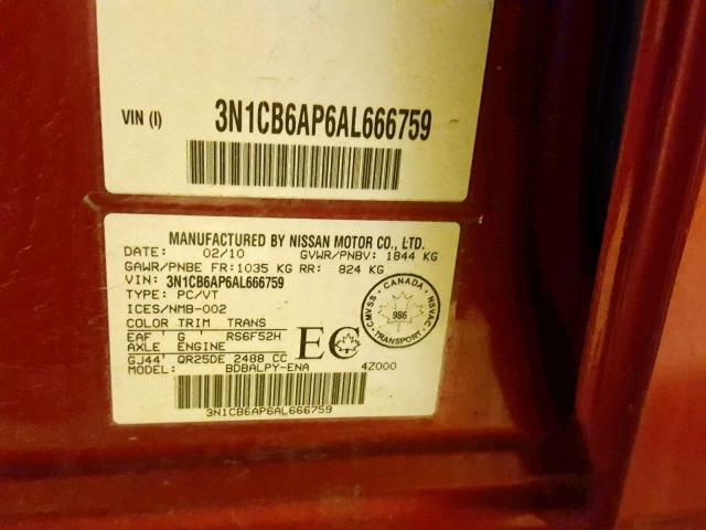 3N1CB6AP6AL666759 - 2010 NISSAN SENTRA SE- RED photo 10