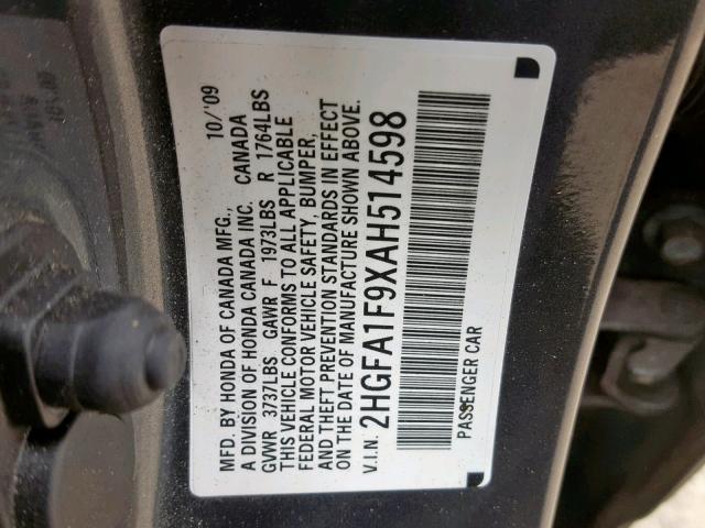 2HGFA1F9XAH514598 - 2010 HONDA CIVIC EXL GRAY photo 10