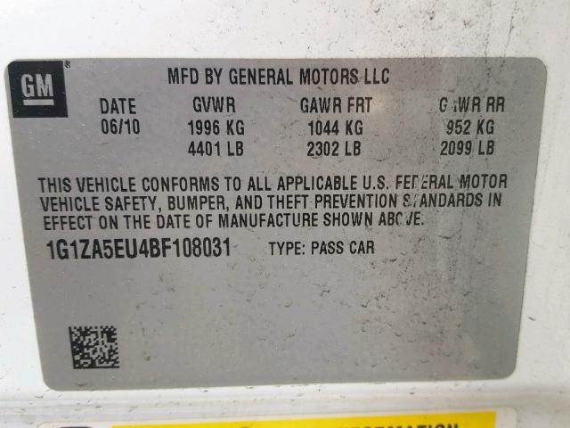 1G1ZA5EU4BF108031 - 2011 CHEVROLET MALIBU LS 白色 照片 10