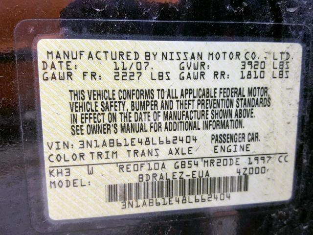 3N1AB61E48L662404 - 2008 NISSAN SENTRA 2.0 BLACK photo 10