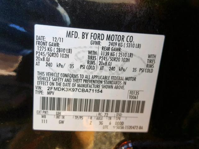 2FMDK3K97CBA71154 - 2012 FORD EDGE LIMIT BLACK photo 10