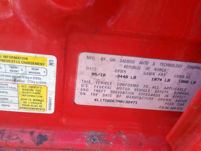 KL1TD6DE7AB132471 - 2010 CHEVROLET AVEO LS RED photo 10