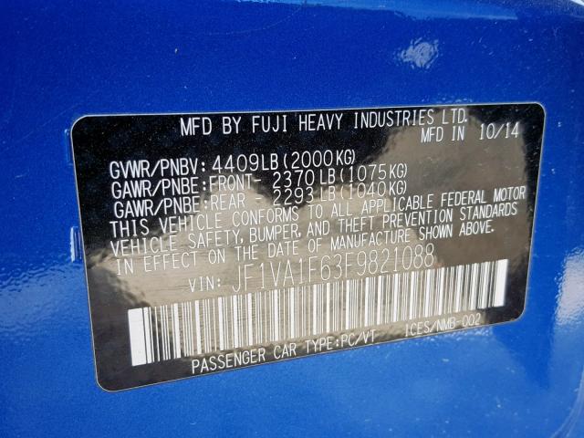 JF1VA1F63F9821088 - 2015 SUBARU WRX PREMIU BLUE photo 10