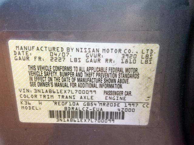 3N1AB61EX7L700099 - 2007 NISSAN SENTRA 2.0 GRAY photo 10