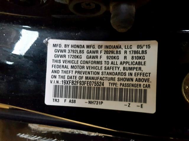 19XFB2F93FE075524 - 2015 HONDA CIVIC EXL BLACK photo 10