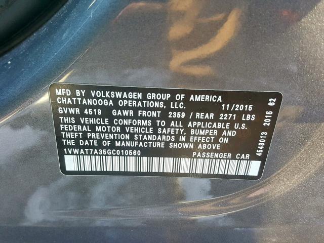 1VWAT7A35GC010560 - 2016 VOLKSWAGEN PASSAT S GRAY photo 10