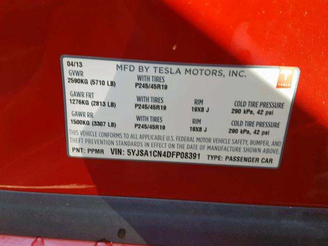 5YJSA1CN4DFP08391 - 2013 TESLA MODEL S RED photo 10