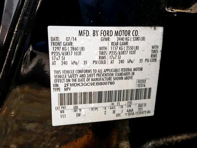 2FMDK3GC9EBB00760 - 2014 FORD EDGE SE BLACK photo 10