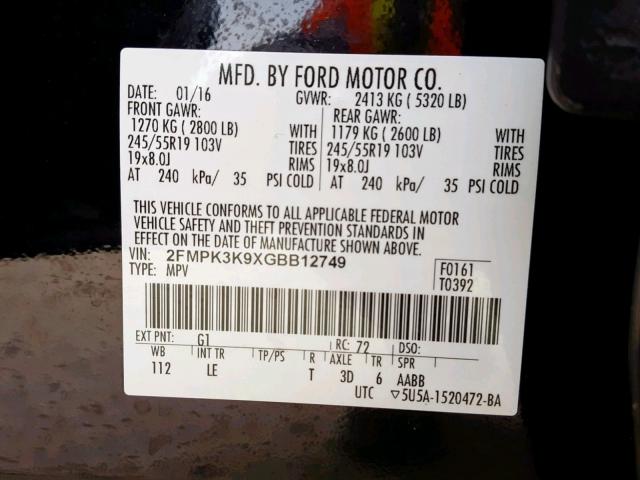 2FMPK3K9XGBB12749 - 2016 FORD EDGE TITAN BLACK photo 10