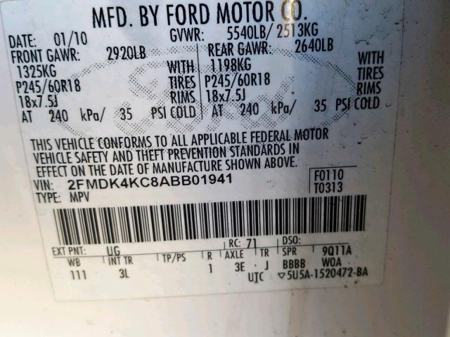 2FMDK4KC8ABB01941 - 2010 FORD EDGE LIMIT WHITE photo 10