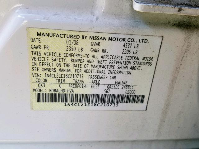 1N4CL21E18C210715 - 2008 NISSAN ALTIMA HYB WHITE photo 10