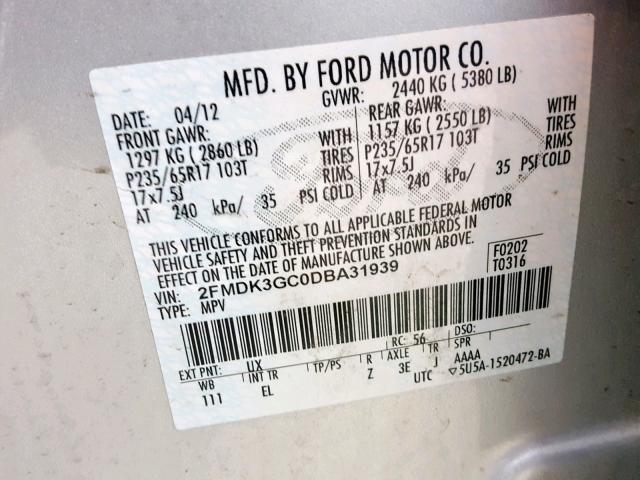 2FMDK3GC0DBA31939 - 2013 FORD EDGE SE SILVER photo 10