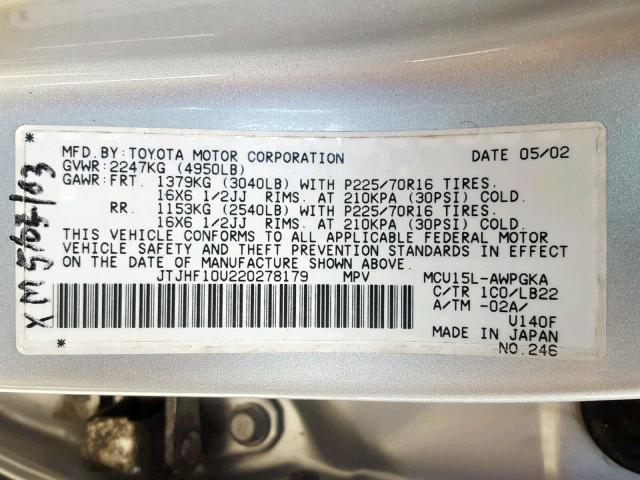 JTJHF10U220278179 - 2002 LEXUS RX 300 GRAY photo 10