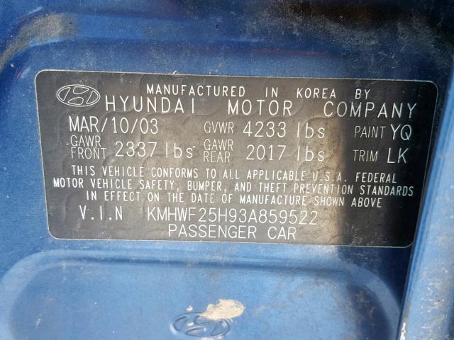 KMHWF25H93A859522 - 2003 HYUNDAI SONATA GL BLUE photo 10