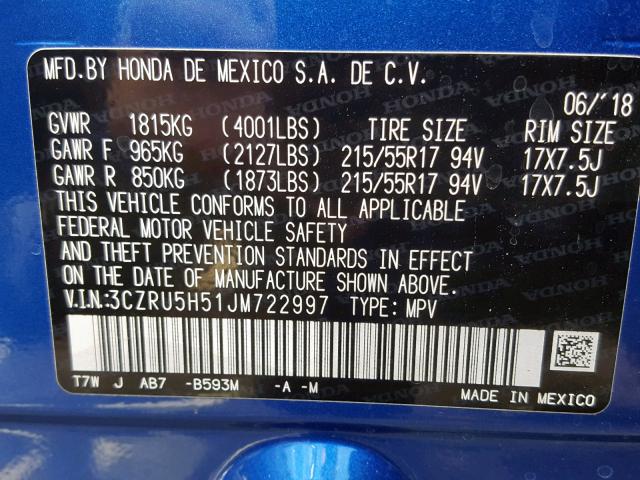 3CZRU5H51JM722997 - 2018 HONDA HR-V EX BLUE photo 10