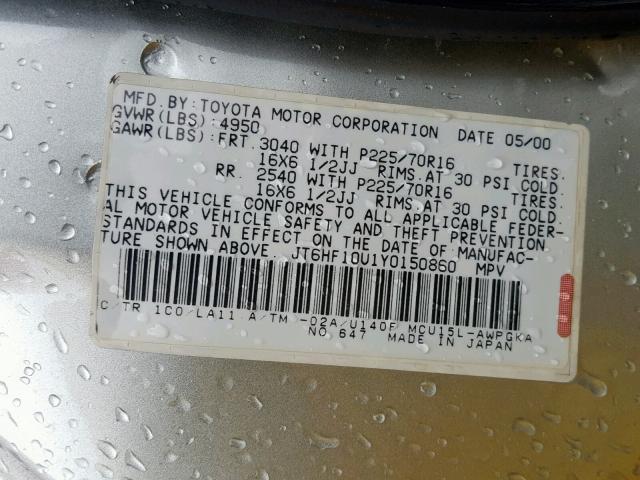 JT6HF10U1Y0150860 - 2000 LEXUS RX 300 SILVER photo 10