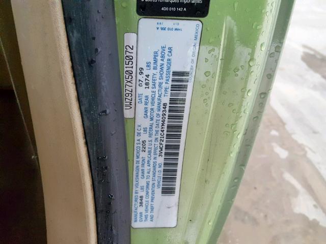 3VWCF21C4YM409348 - 2000 VOLKSWAGEN NEW BEETLE 绿色 照片 10