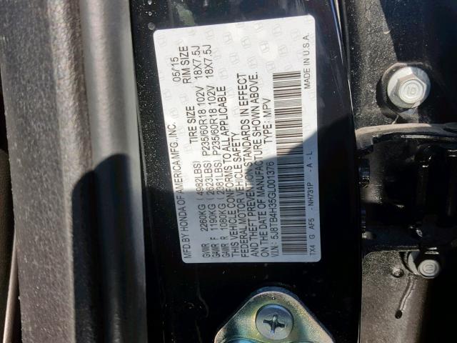 5J8TB4H35GL001376 - 2016 ACURA RDX BASE BLACK photo 10