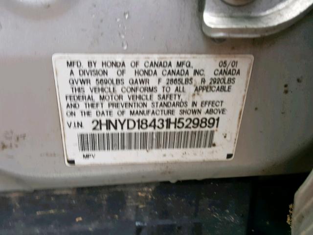 2HNYD18431H529891 - 2001 ACURA MDX SILVER photo 10