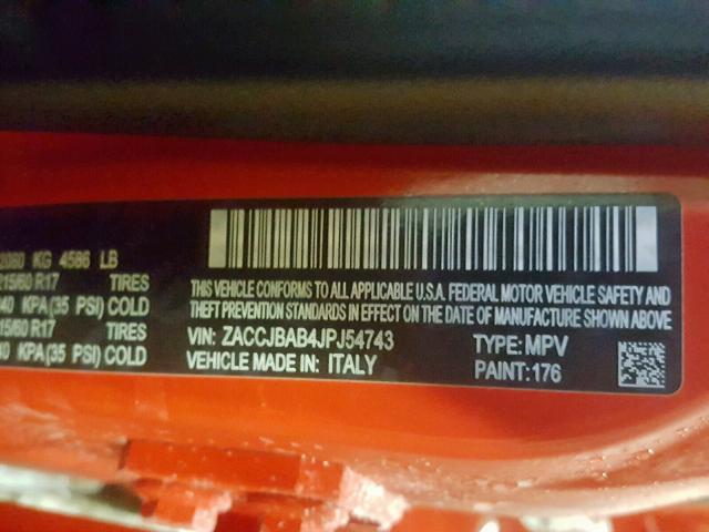 ZACCJBAB4JPJ54743 - 2018 JEEP RENEGADE S წითელი ფოტო 10