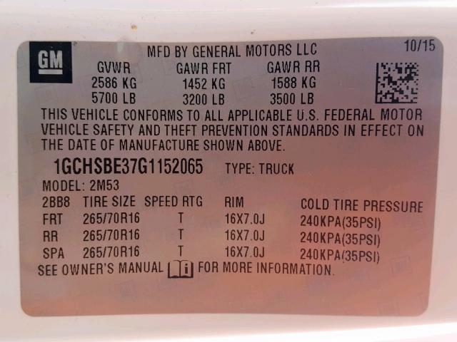 1GCHSBE37G1152065 - 2016 CHEVROLET COLORADO WHITE photo 10