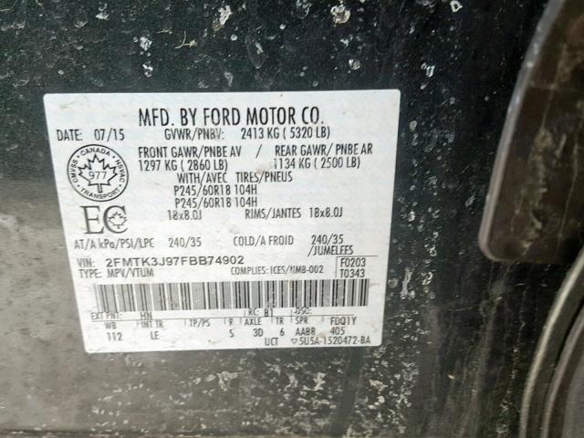 2FMTK3J97FBB74902 - 2015 FORD EDGE SEL GREEN photo 10