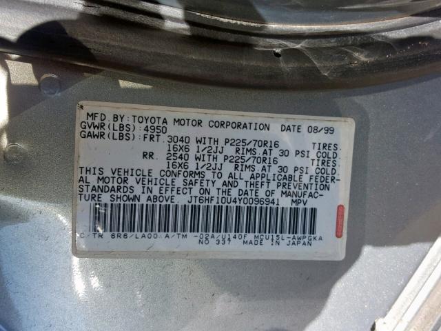 JT6HF10U4Y0096941 - 2000 LEXUS RX 300 GREEN photo 10