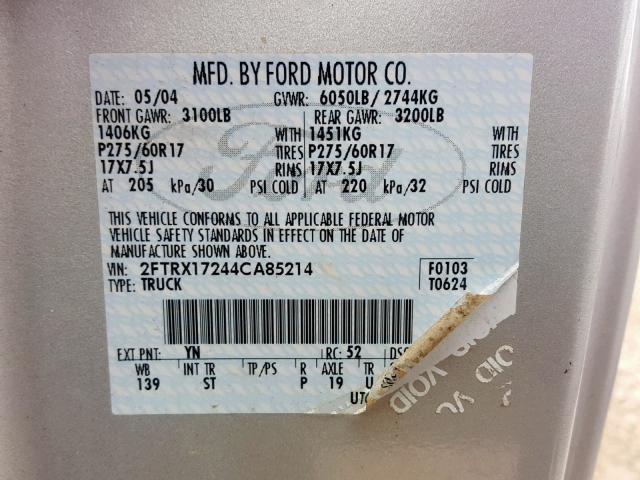 2FTRX17244CA85214 - 2004 FORD F-150 HERI SILVER photo 10