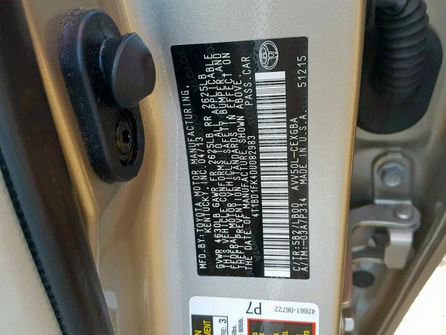 4T1BD1FK4DU082983 - 2013 TOYOTA CAMRY HYBR GRAY photo 10