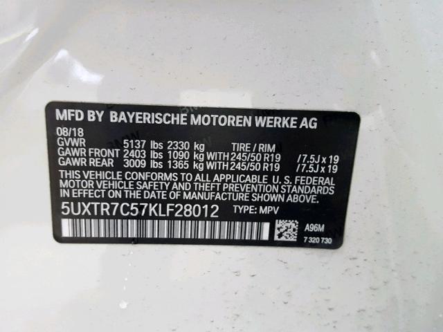 5UXTR7C57KLF28012 - 2019 BMW X3 SDRIVE3 WHITE photo 10