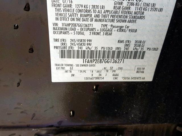 1FAHP2E87GG136271 - 2016 FORD TAURUS SEL BLACK photo 10