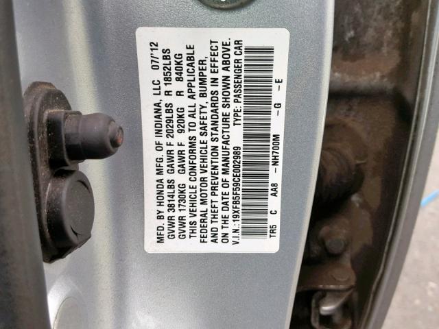 19XFB5F59CE002989 - 2012 HONDA CIVIC NATU SILVER photo 10