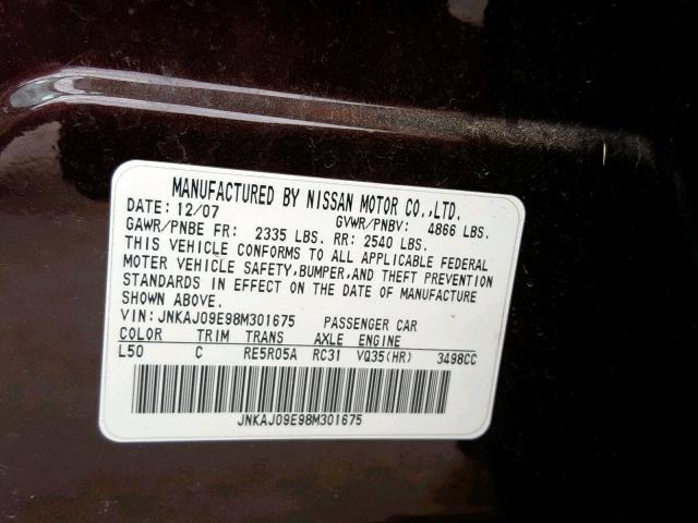 JNKAJ09E98M301675 - 2008 INFINITI EX35 BASE BLACK photo 10