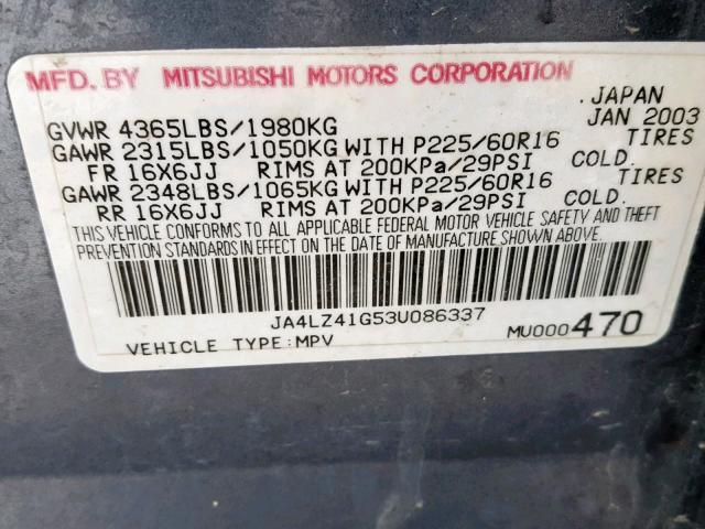 JA4LZ41G53U086337 - 2003 MITSUBISHI OUTLANDER BLUE photo 10