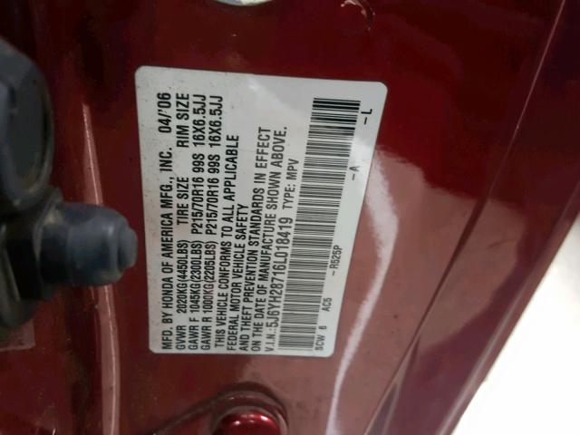 5J6YH28716L018419 - 2006 HONDA ELEMENT EX MAROON photo 10