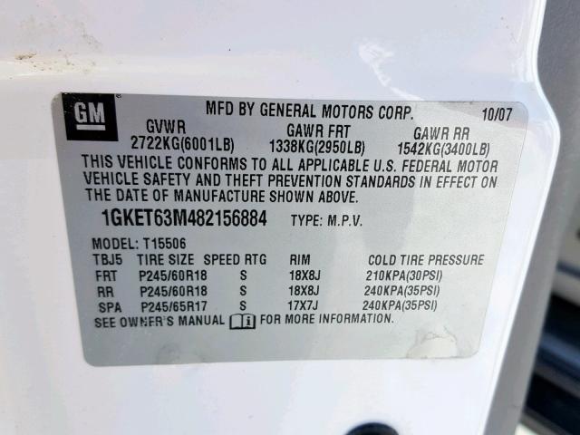 1GKET63M482156884 - 2008 GMC ENVOY DENA WHITE photo 10