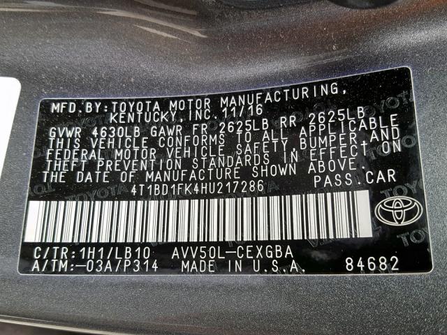 4T1BD1FK4HU217286 - 2017 TOYOTA CAMRY HYBR GRAY photo 10