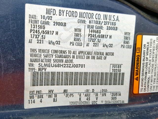 5LMEU68H23ZJ00701 - 2003 LINCOLN AVIATOR 蓝色 照片 10