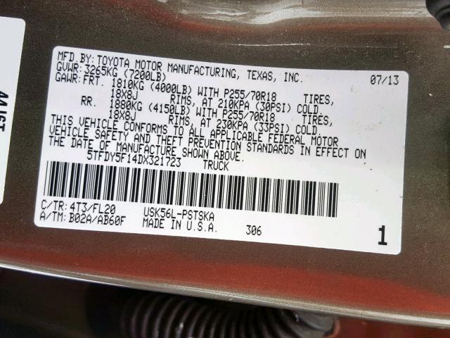 5TFDY5F14DX321723 - 2013 TOYOTA TUNDRA CRE TAN photo 10