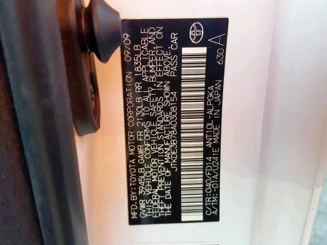 JTKDE3B78A0308154 - 2010 TOYOTA SCION TC თეთრი ფოტო 10