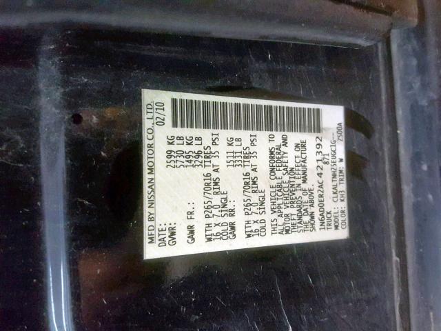 1N6AD0ER2AC421392 - 2010 NISSAN FRONTIER C BLACK photo 10