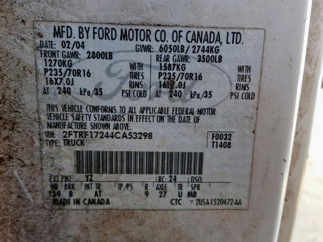 2FTRF17244CA53298 - 2004 FORD F-150 HERI WHITE photo 10