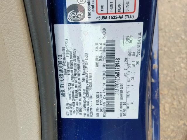 3FAFP06Z56R178948 - 2006 FORD FUSION S BLUE photo 10