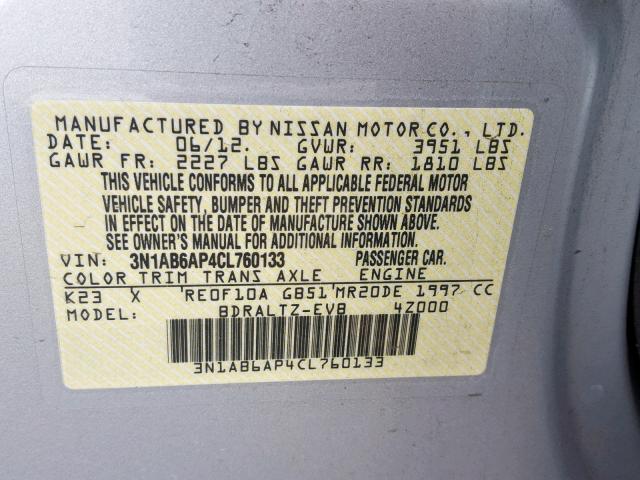 3N1AB6AP4CL760133 - 2012 NISSAN SENTRA 2.0 SILVER photo 10