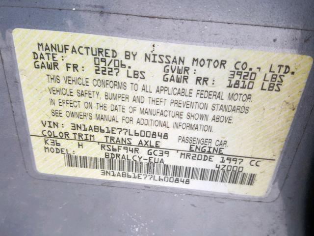 3N1AB61E77L600848 - 2007 NISSAN SENTRA 2.0 GRAY photo 10