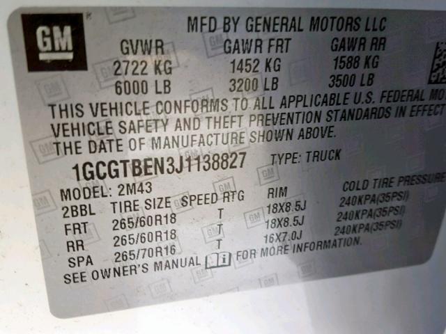 1GCGTBEN3J1138827 - 2018 CHEVROLET COLORADO WHITE photo 10