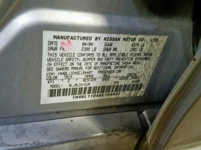 1N4BL11D45C154407 - 2005 NISSAN ALTIMA SE SILVER photo 10