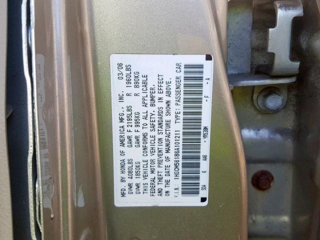 1HGCM56186A101211 - 2006 HONDA ACCORD VAL TAN photo 10